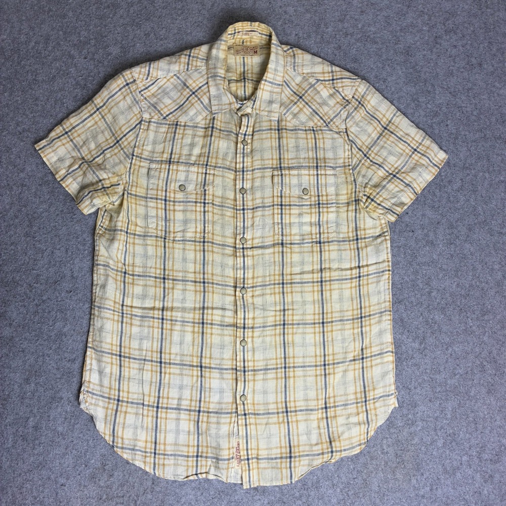 Vintage Y2K Lucky Brand Mens Medium Plaid Short Sleeve Western Pearl Snap Shirt